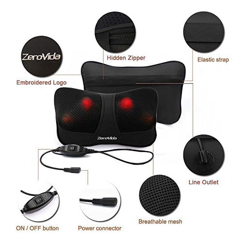 ZeroVida Shiatsu Electric Massager Heat Kneading Pillow Therapy for Shoulder Neck Back Sore Muscles Idea for Home and Office Use